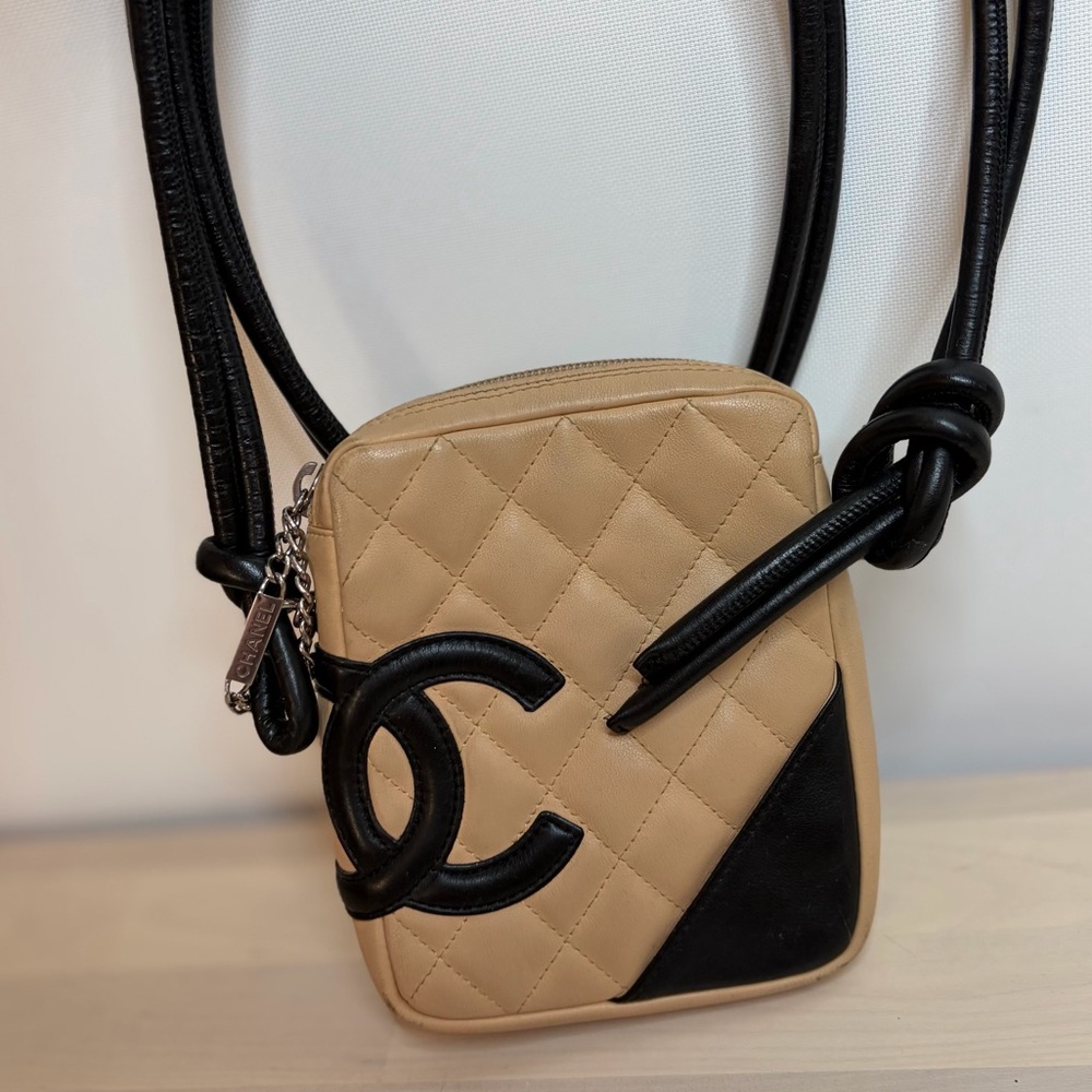 CHANEL Beige and Black Quilted CC Crossbody Pouch